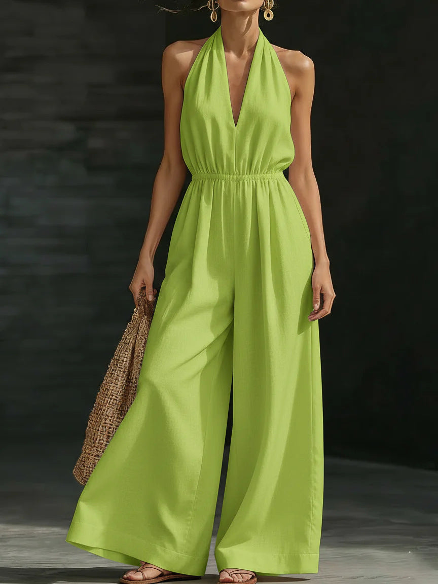 Women’s V-Neck Halter Neck Wide-Leg Sleeveless Jumpsuit