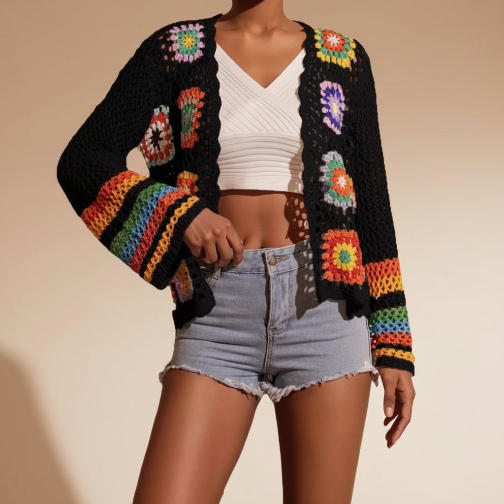 Women's Hand-Crocheted Geometric Knit Cardigan Lightweight Layer - Image 2