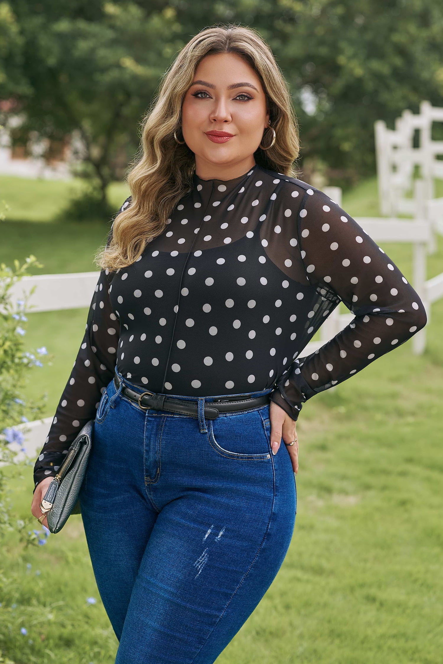 Polka Dot Mesh Long Sleeve Top Colorblock Modern Minimalist Tee