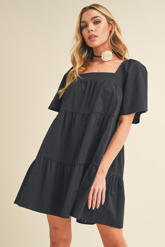 Square Neck Half Sleeve Tiered Summer Dress with Ruched Details