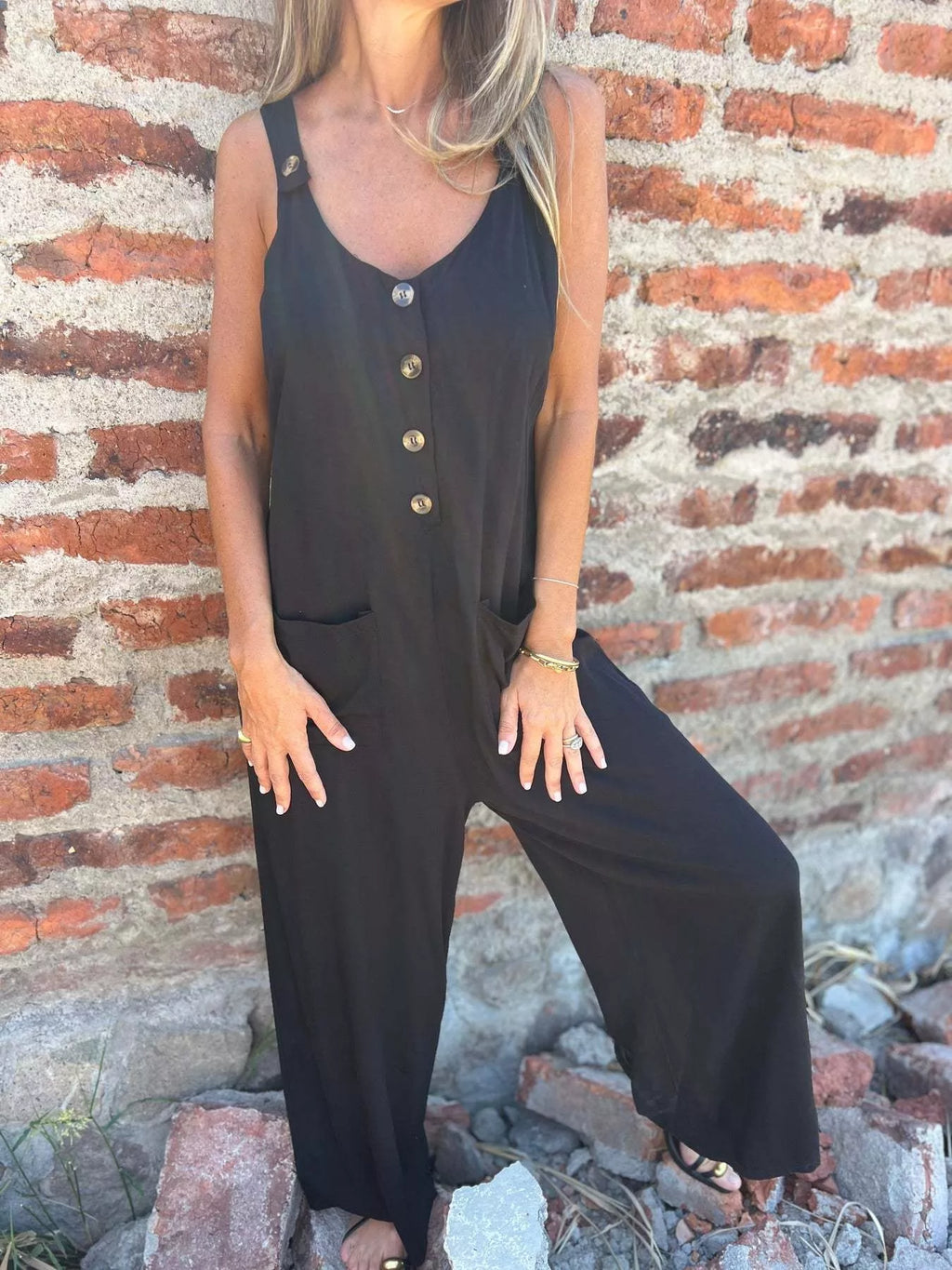 Full Size Button-Front Wide Leg Jumpsuit Plus Size