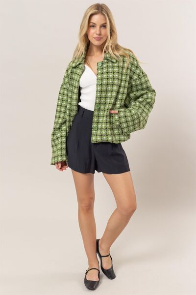 Green Tweed Plaid Button Up Collared Jacket for Women