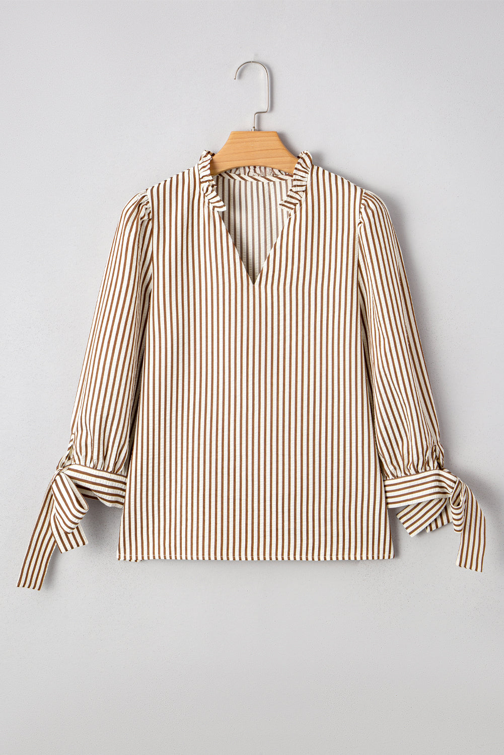 Blair Tied Cuffs Seersucker Blouse in Brown and White Stripe