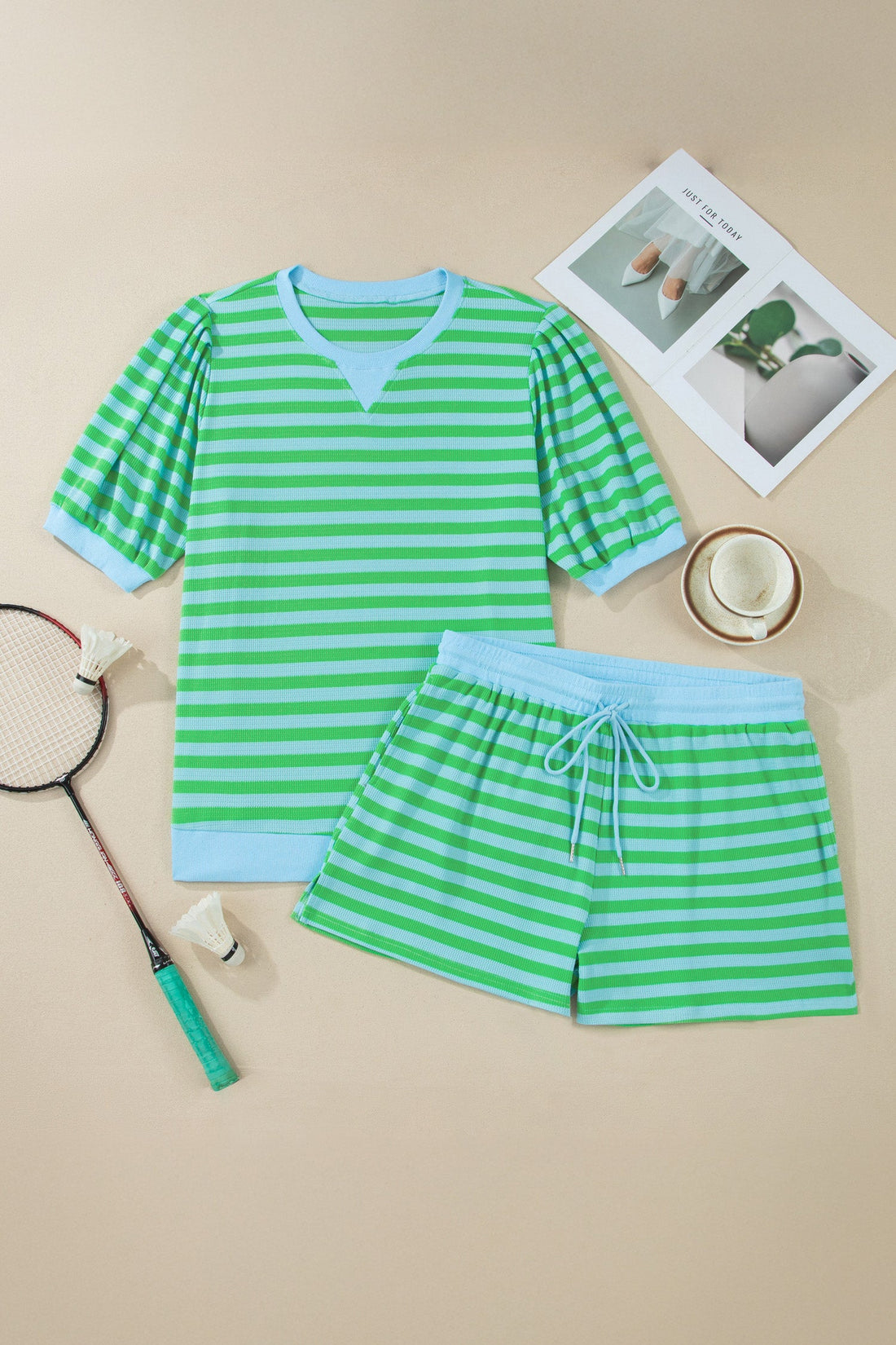 Green and Blue Striped Short Sleeve Top and Shorts Set - Image 2