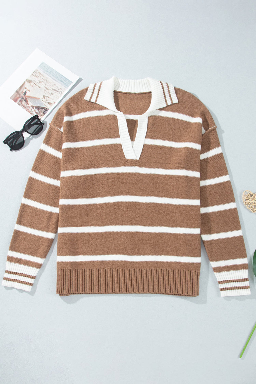 Plus Size Stripe Collared V-Neck Exposed Seam Sweater
