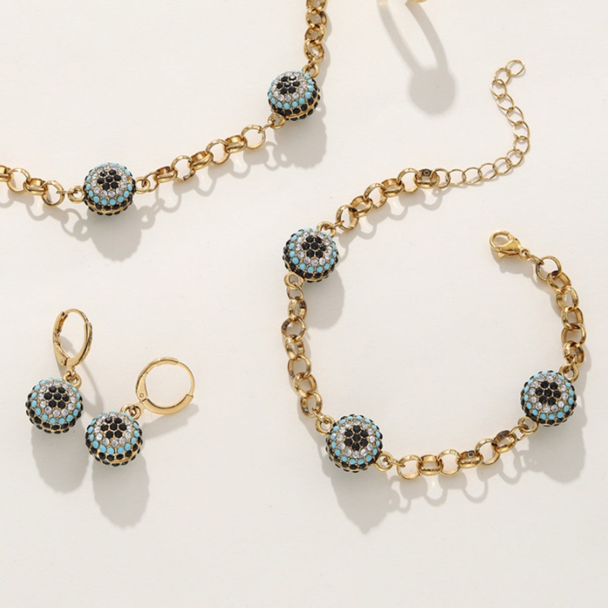 Bohemian Evil Eye Jewelry Set with Gold-Tone Necklace and Bracelet