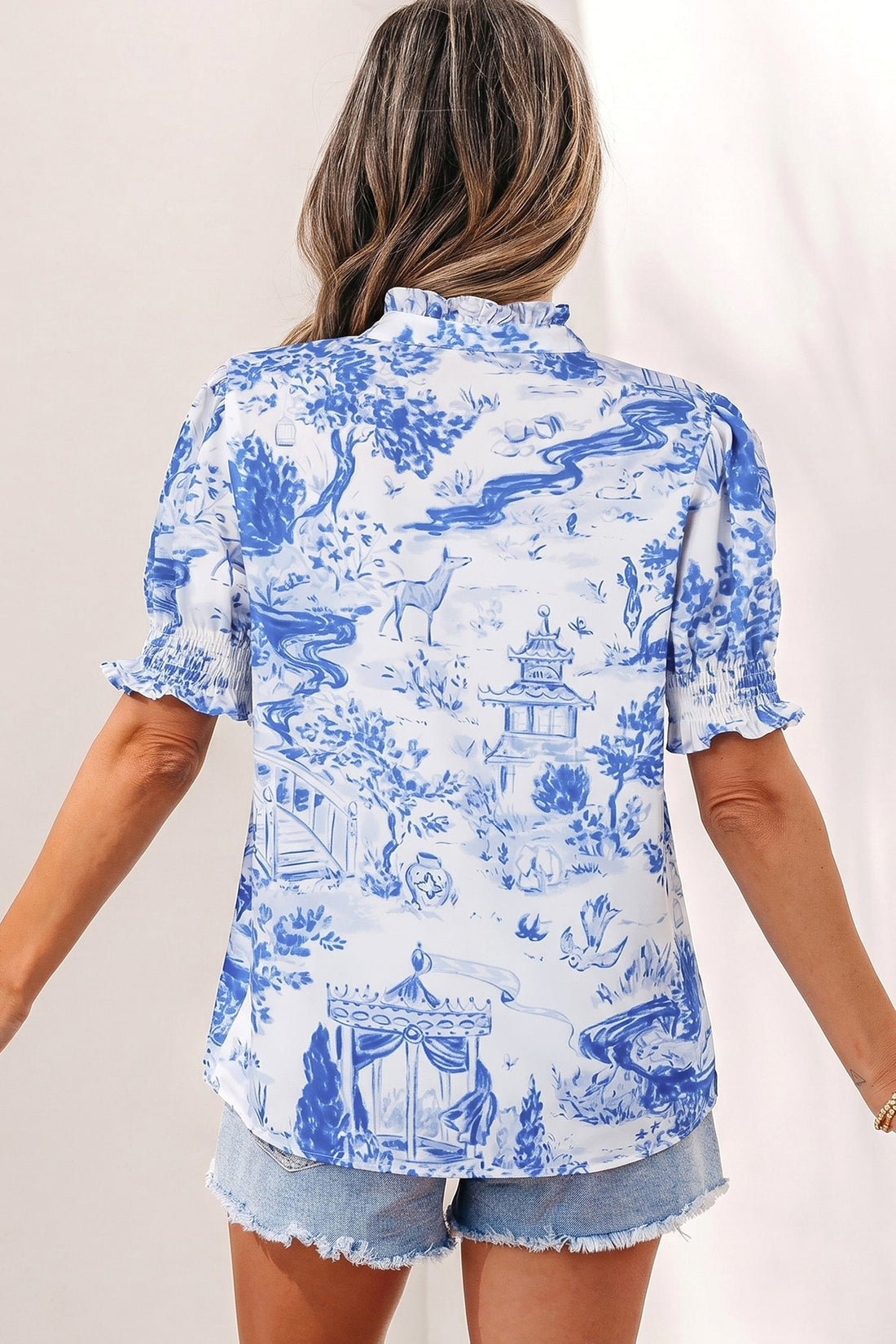 Maddie Paradise Striped Detail V-Neck Blouse - Blue & White