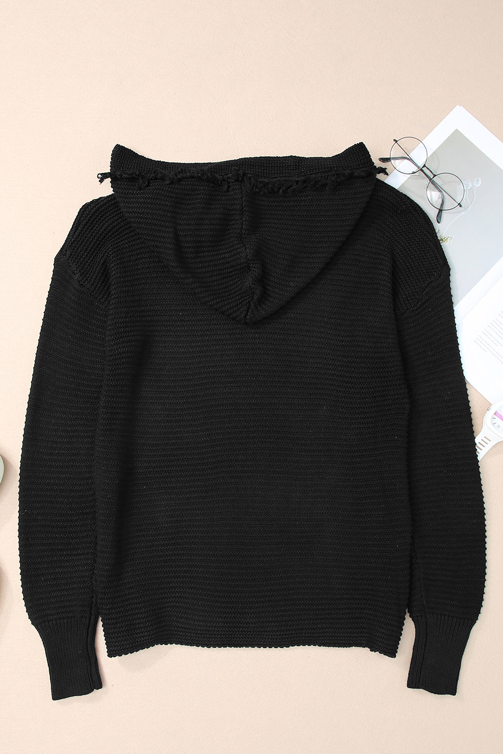 Solid Ribbed Drop Shoulder Hooded V-Neck Sweater