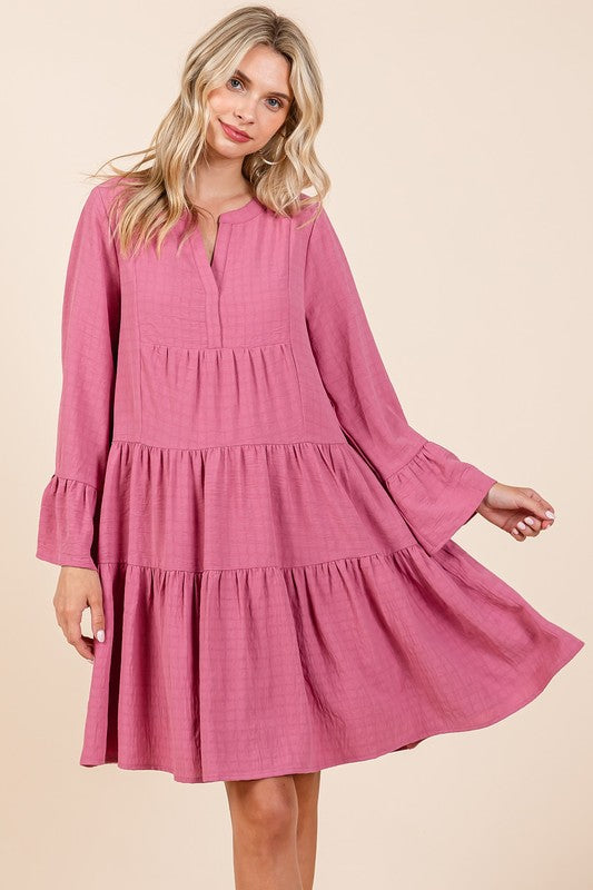Tiered Notched Flare Sleeve Mini Dress in Mauve Dusty-Rose