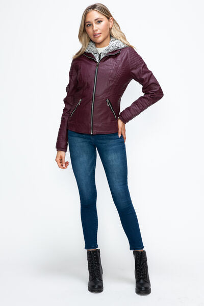 Dual-Zipper Layered Jacket with Fuzzy Hood in Burgundy and Grey