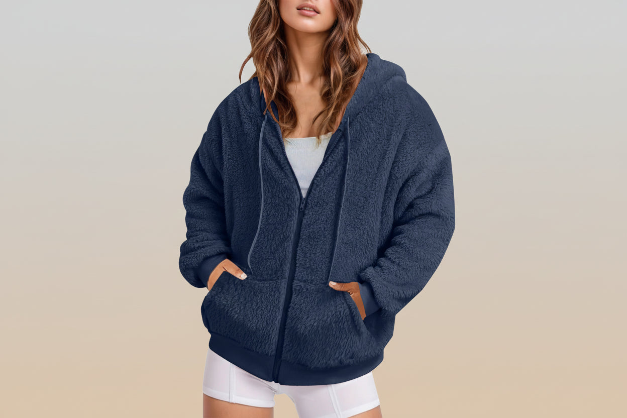 Fuzzy Fleece Zip-Up Hoodie for Women with Pockets - Image 7