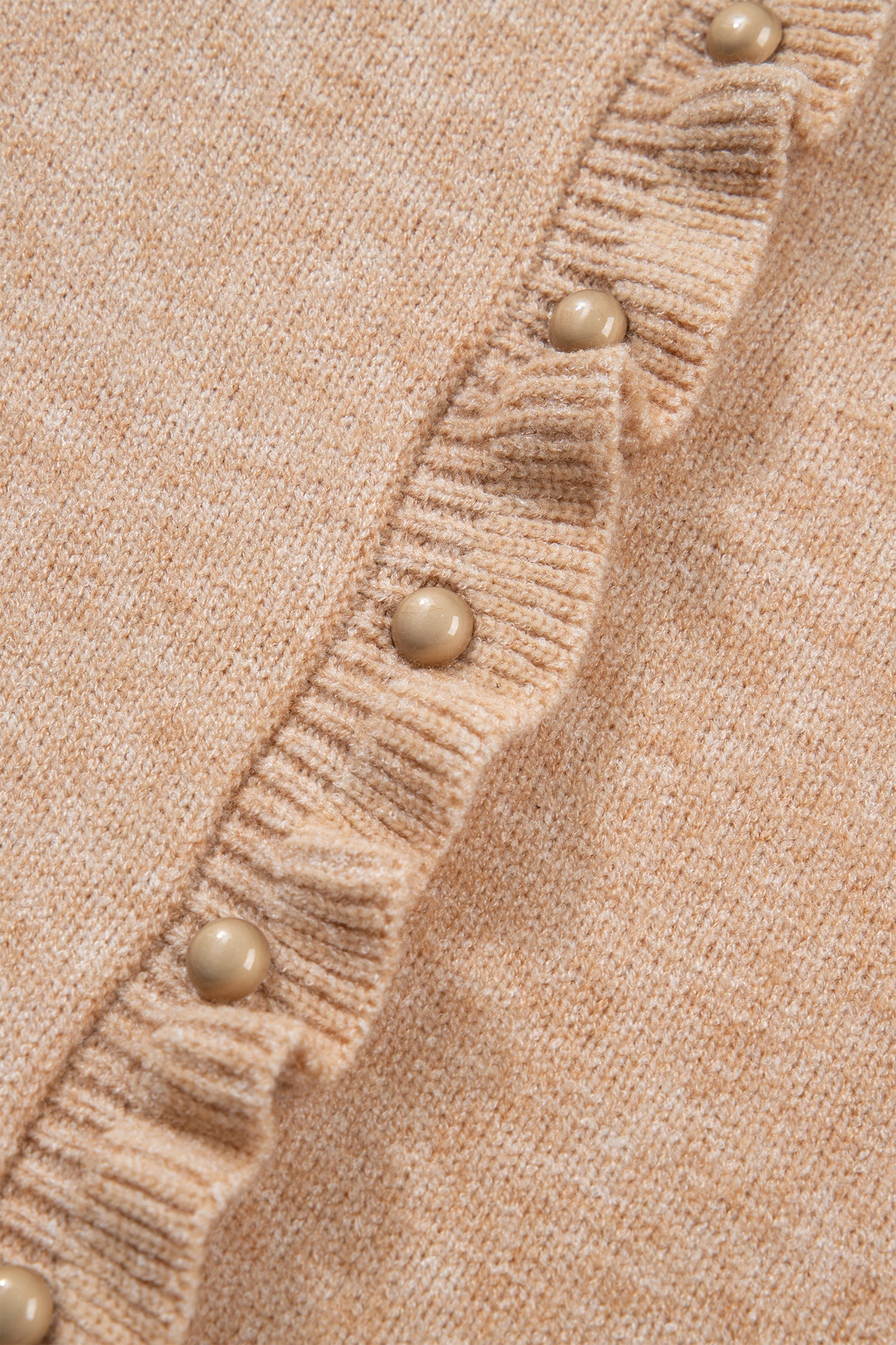 Yamileth Oatmeal Ruffle Trim Gold Button Cardigan
