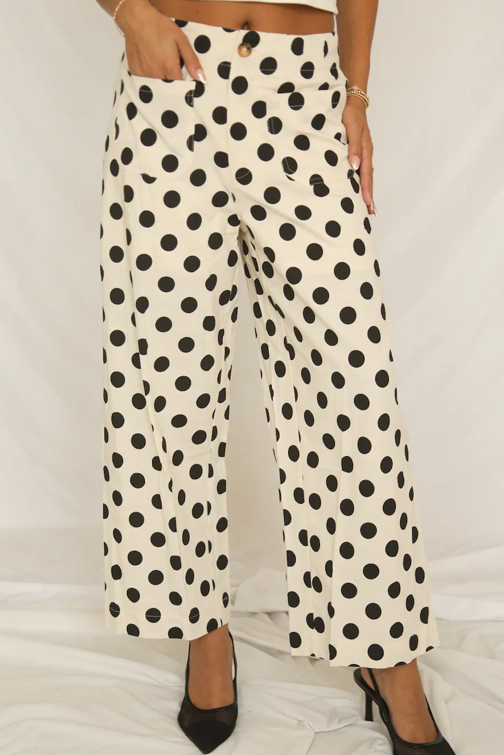 White Polka Dot Loose Wide Leg Pants with Patched Pockets