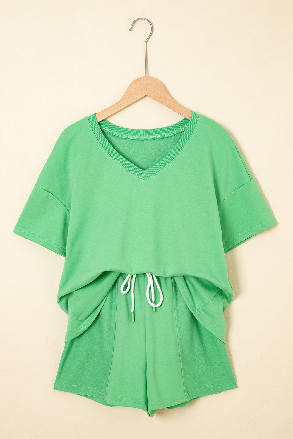 Mint Green V Neck Drop Shoulder Tee & Patchwork Shorts Set