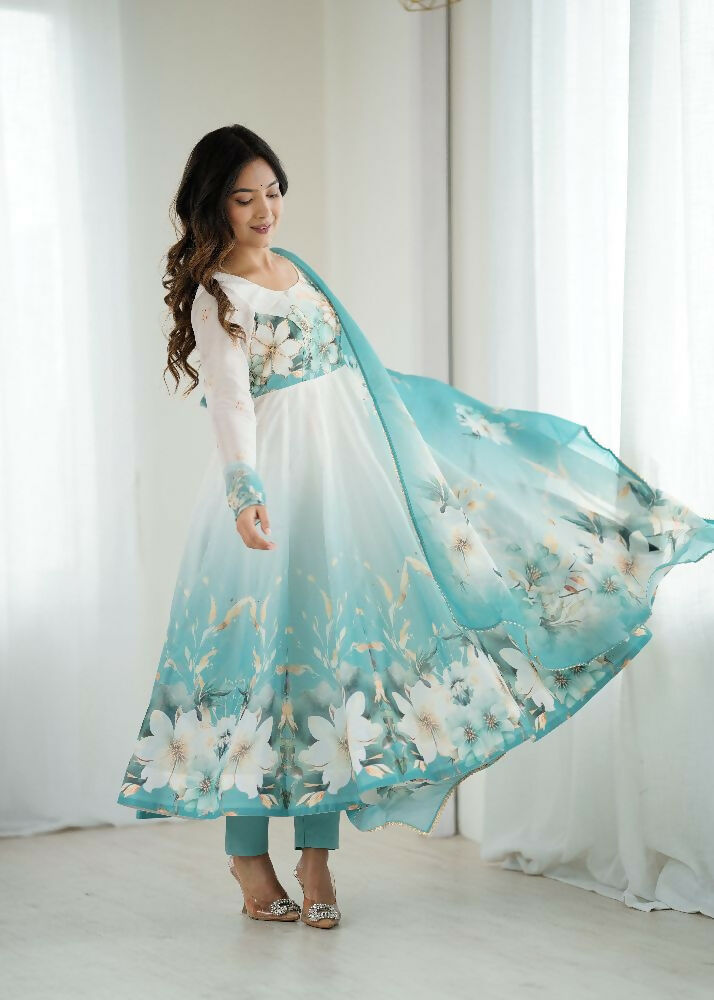 Aqua Blue Organza Kurta Set with Sequin Embroidery