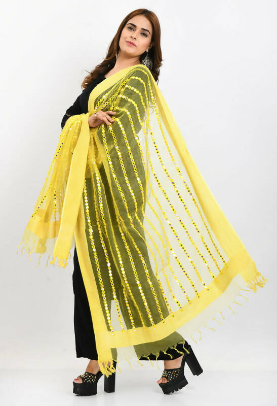 Lemon Yellow Organza Dupatta with Mirror Stripe Thread Work