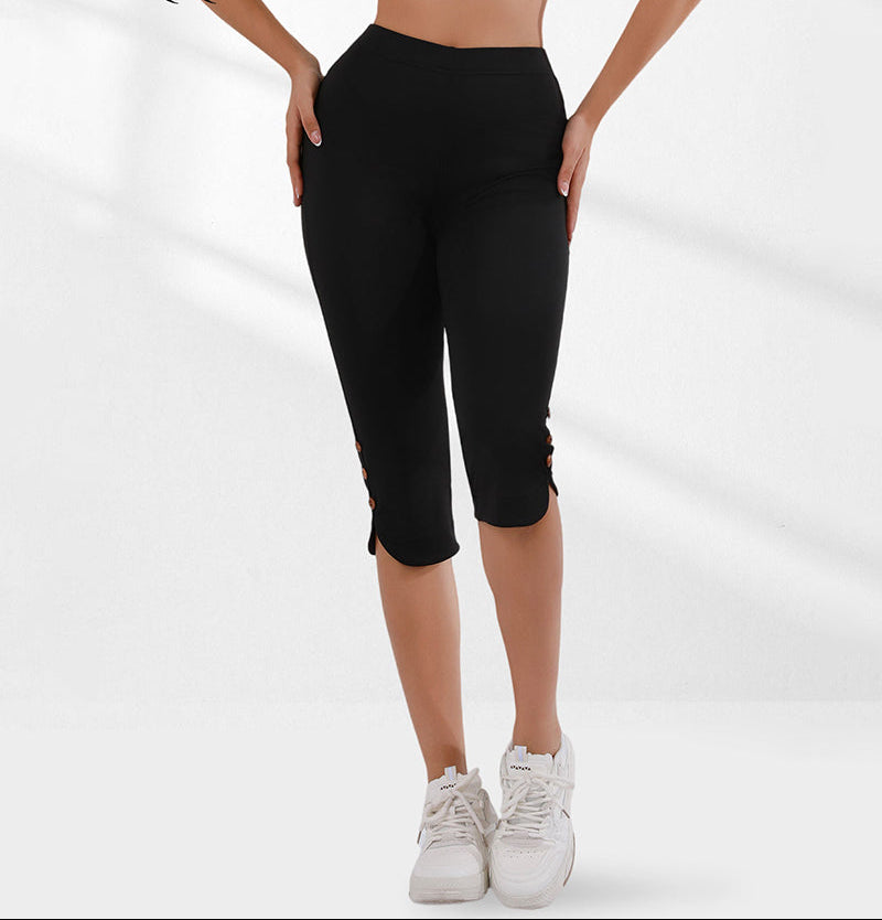 Women's High-Waisted Slim Capri Pants with Slit Hem - Black