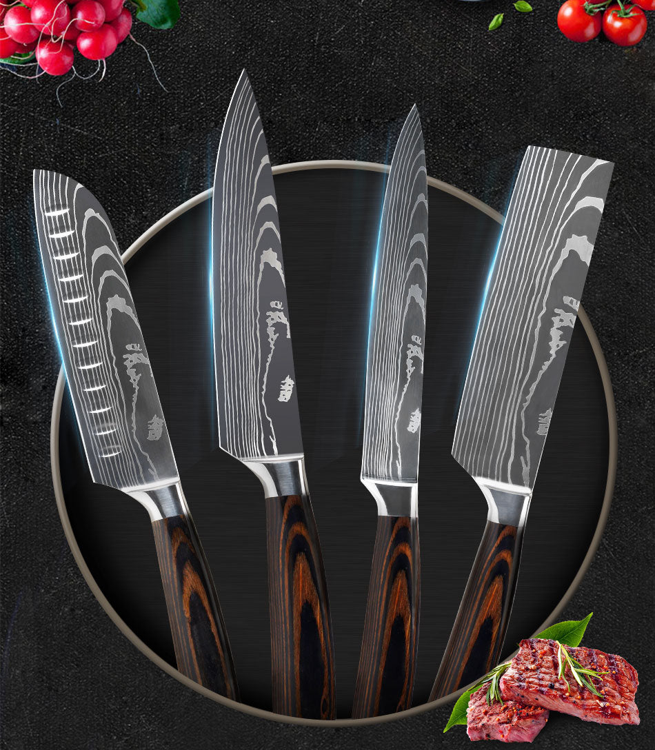 Modern Damascus Style Kitchen Knife Set Silver Brown Black
