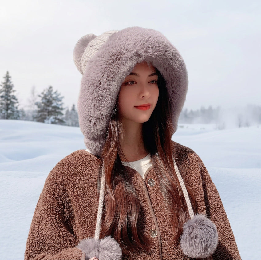 Houndstooth Pom-Pom Knit Beanie with Ear Straps – Warm Plush Winter Hat