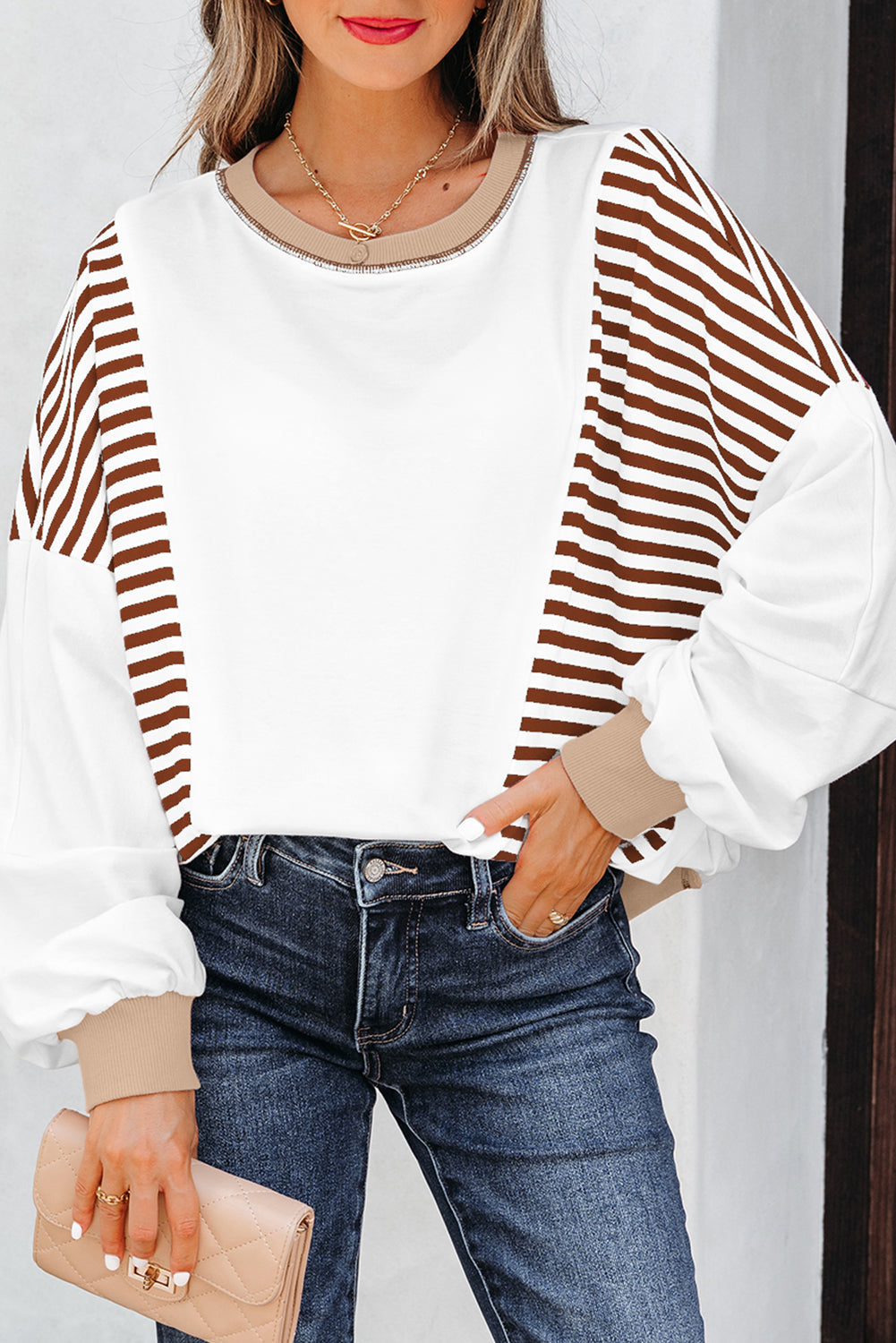 Zyla Contrast Stitching Oversized Striped Colorblock Sweatshirt - Image 4
