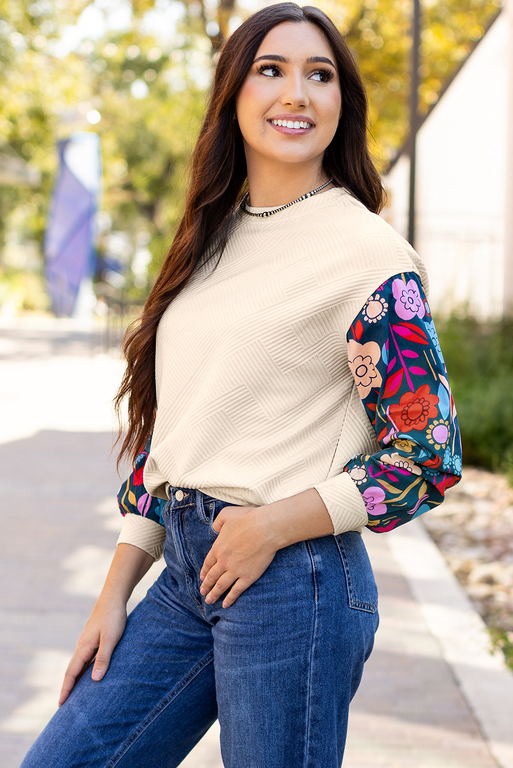 Floral Sleeve Textured Knit Drop Shoulder Top
