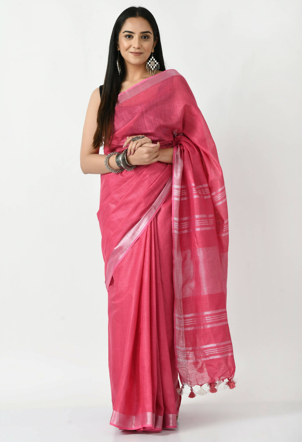 Pink Bhagalpuri handloom silk linen saree with silver detailing and unstitched blouse