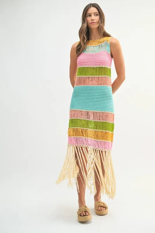 Multi Color Fringed Crochet Knit Mini Dress