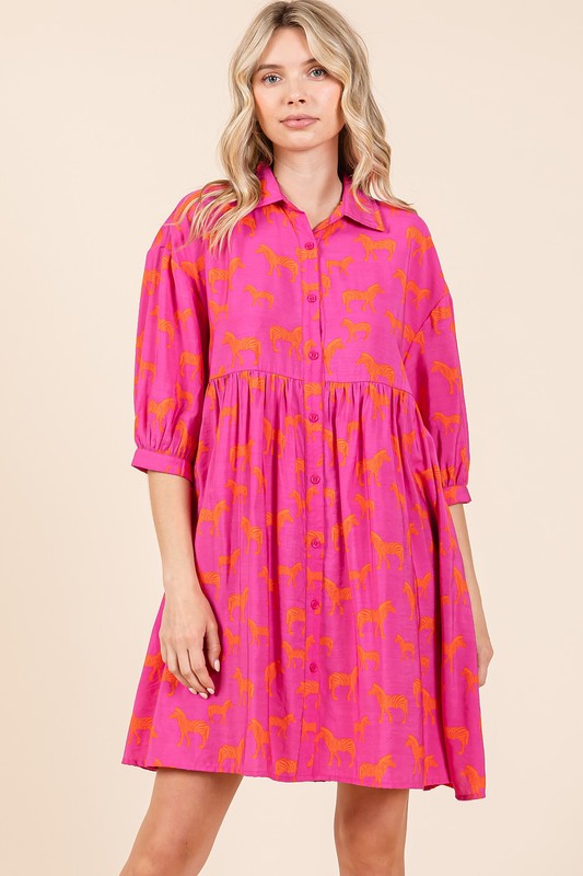 Zebra Print Button Down Mini Dress: Tiered Flutter Shirt Dress