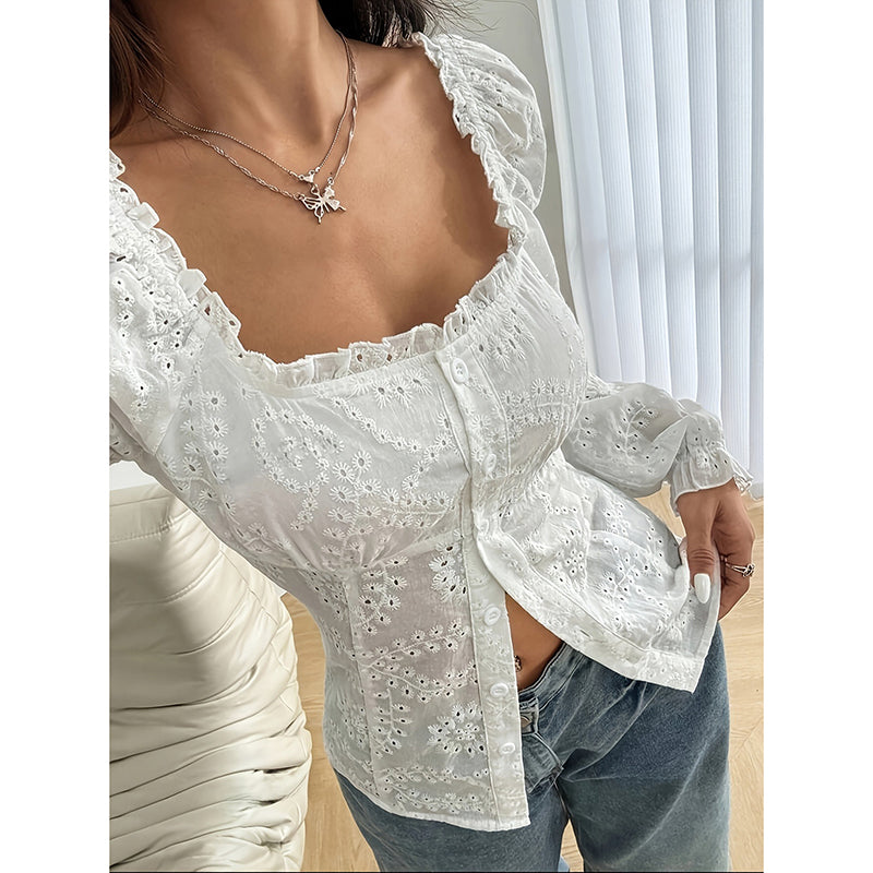 White Square Neck Eyelet Lace Blouse with Puff Sleeves - Image 3