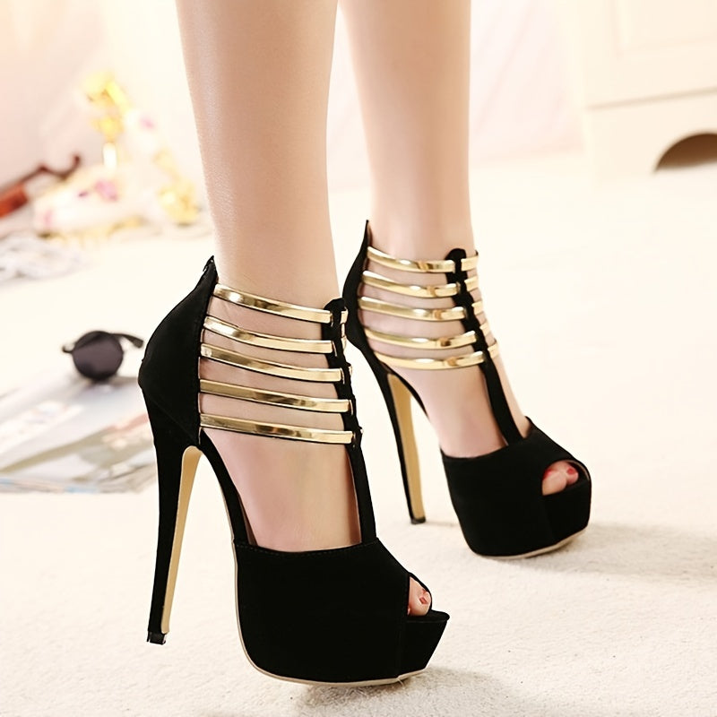 Women Stiletto Platform Peep Toe Pumps with Gold Strap Detail