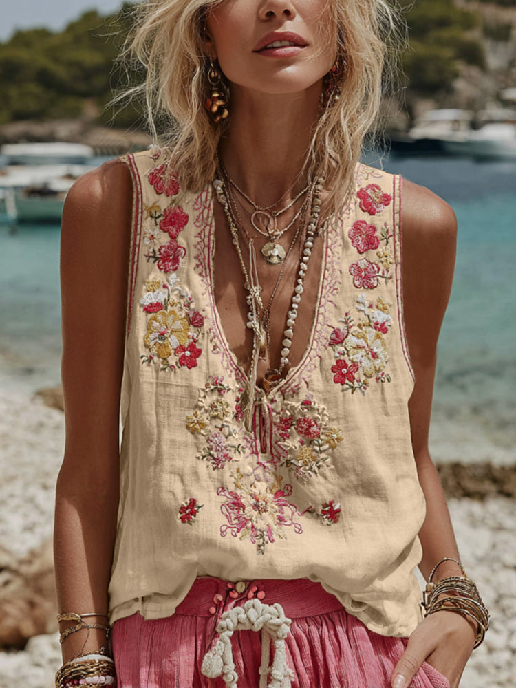 Women's Embroidered Floral V-Neck Tank Top in Beige - Image 2