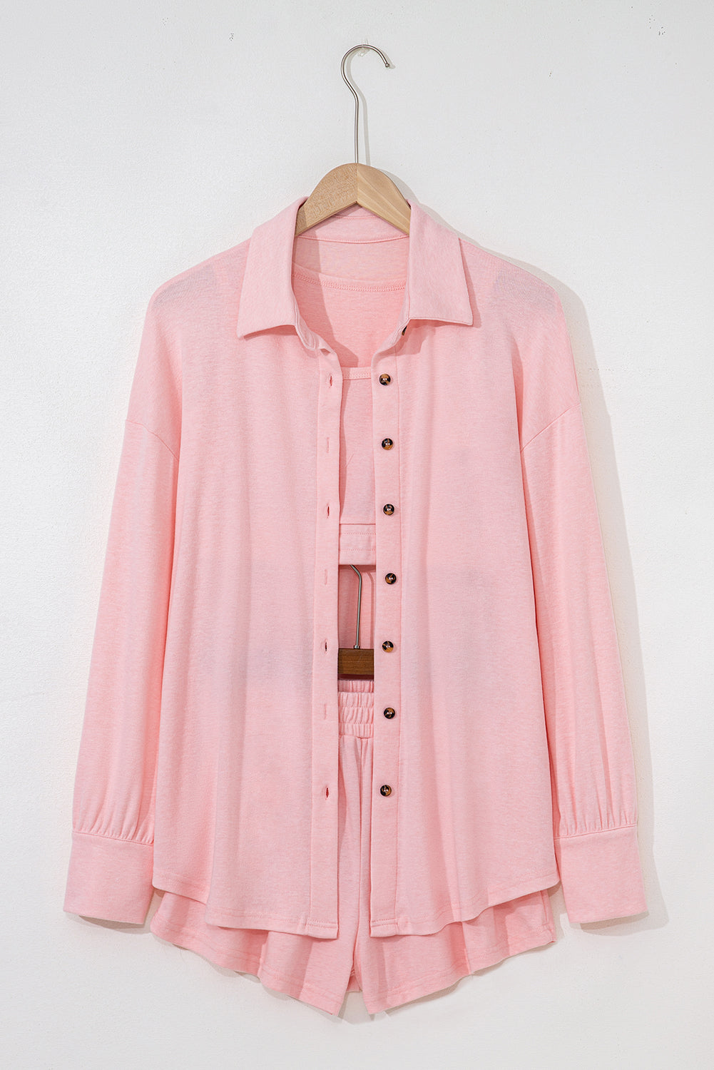 Gray Shirred Hem Crop Tank Top Loose Shorts Cardigan 3 Piece Pajama Set