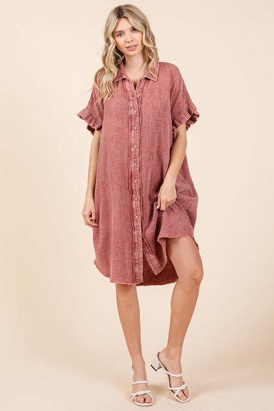 Mineral Wash Cotton Gauze Mini Shirt Dress with Ruffle Sleeves