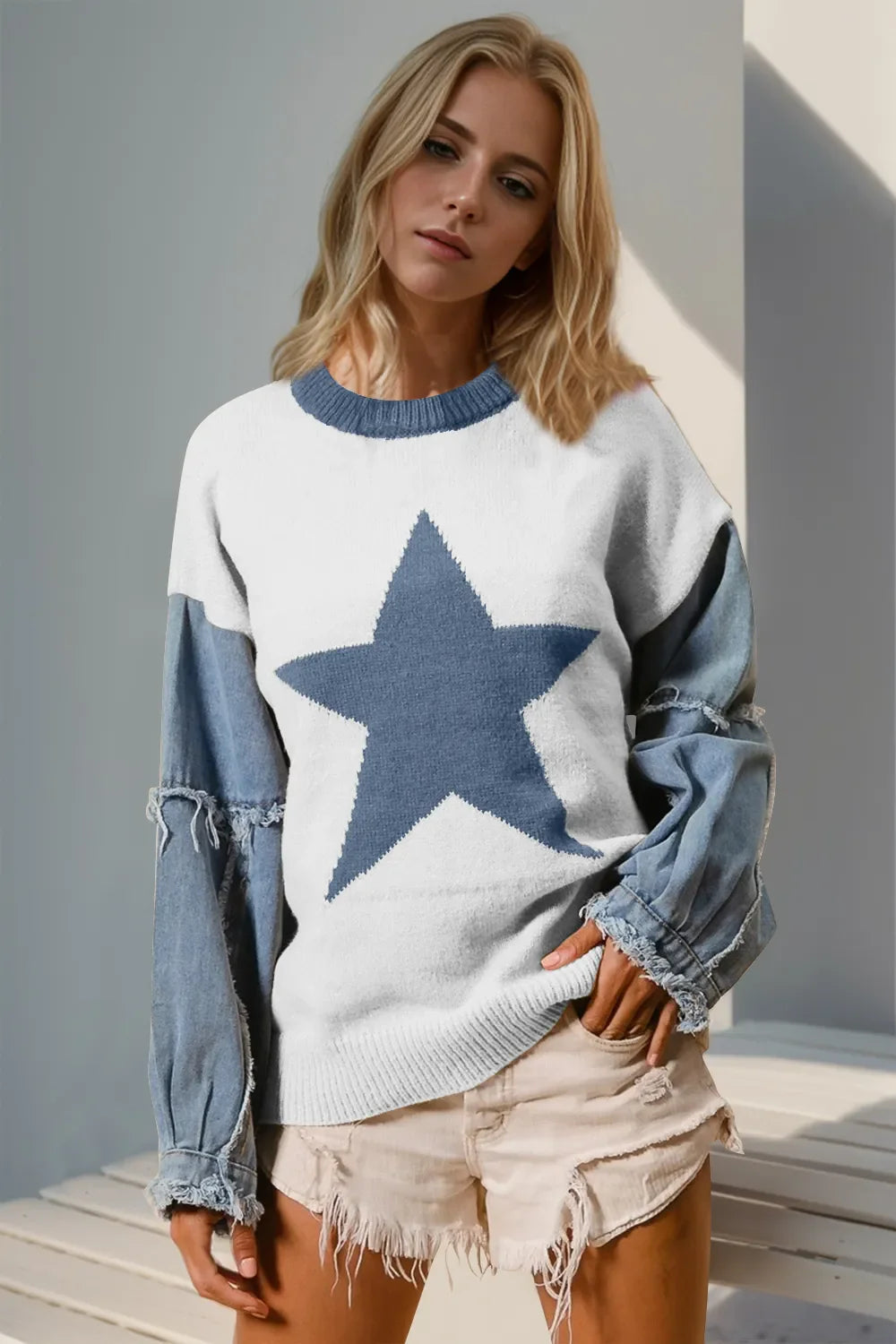 Mixed-Media Star-Pattern Long Sleeve Sweater in Dark Gray, White & Blush Pink
