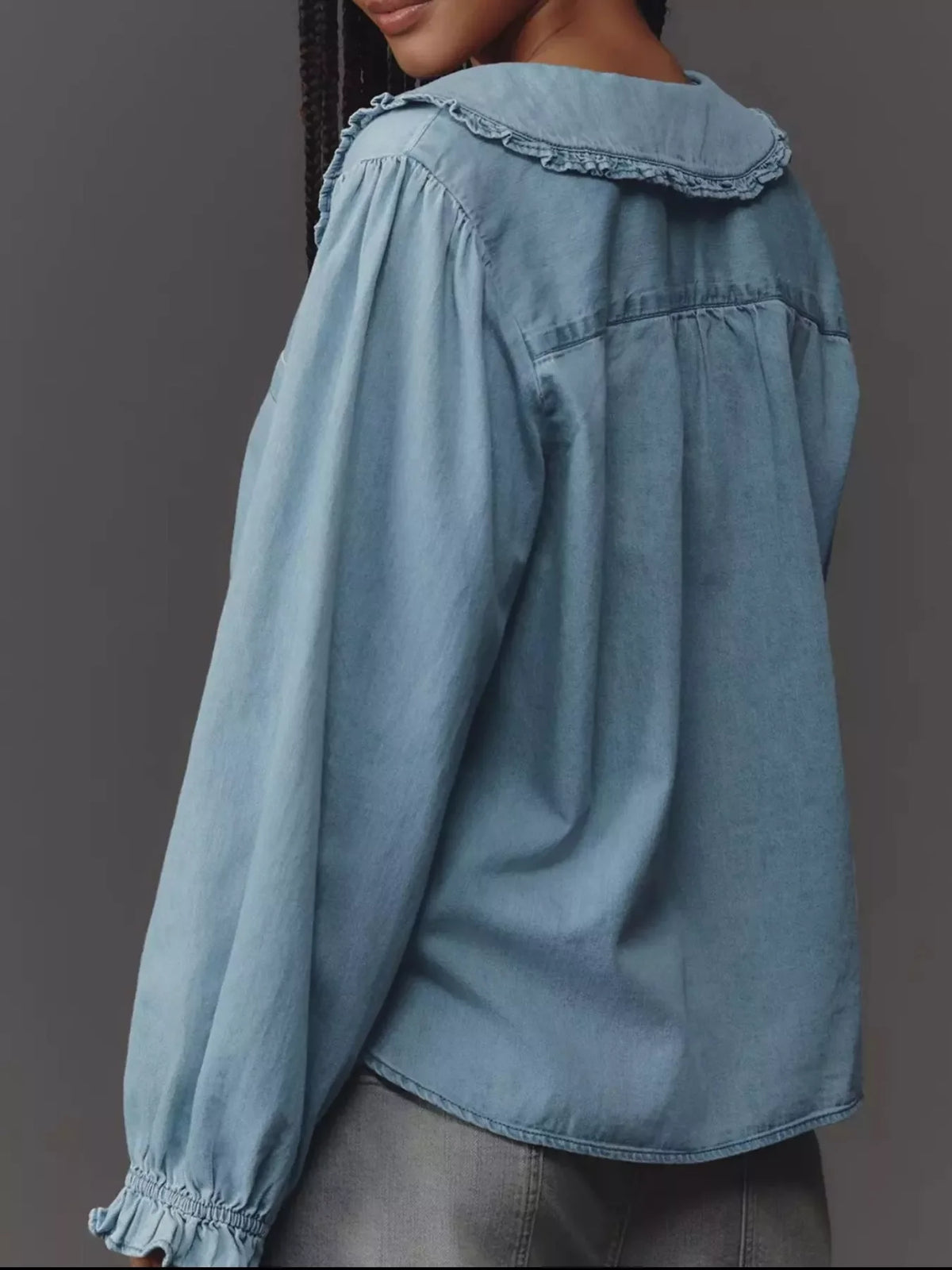 Peter Pan Collar Ruffled Denim Shirt