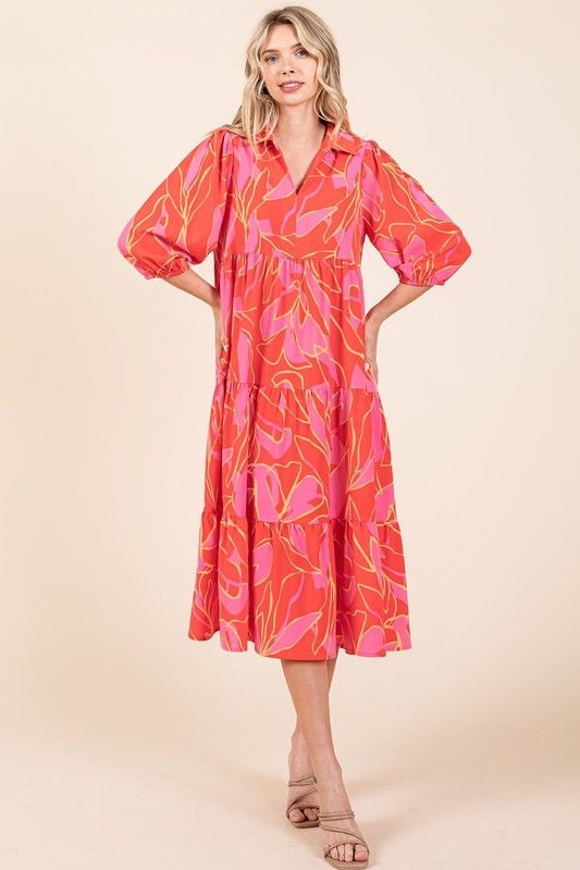 Summer Tiered Printed Collared Midi Dress with Feminine Flair