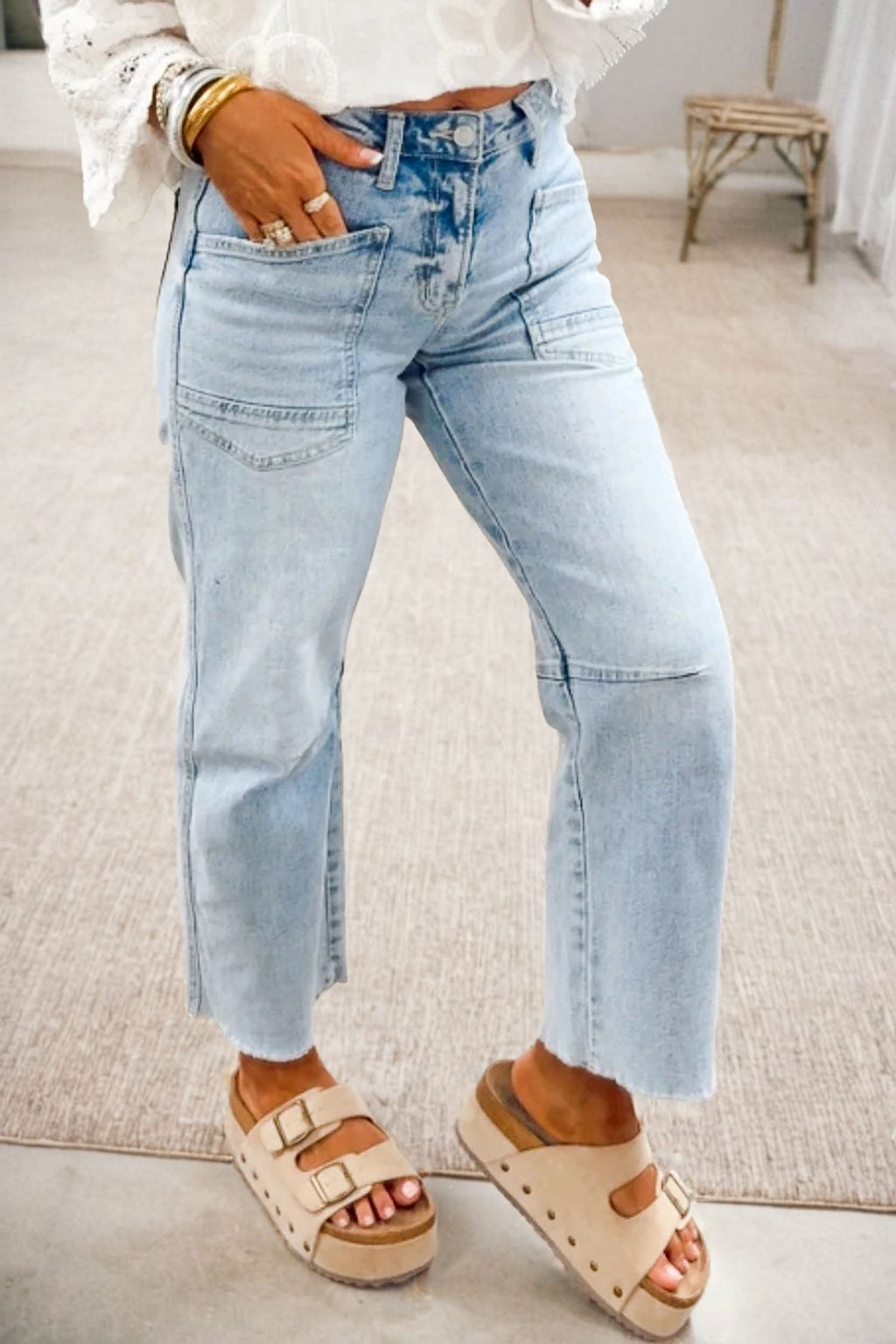 Beau Blue Frayed Cropped Straight Jeans