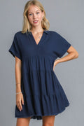 Dark navy casual tiered dress with raw hem and folded sleeves