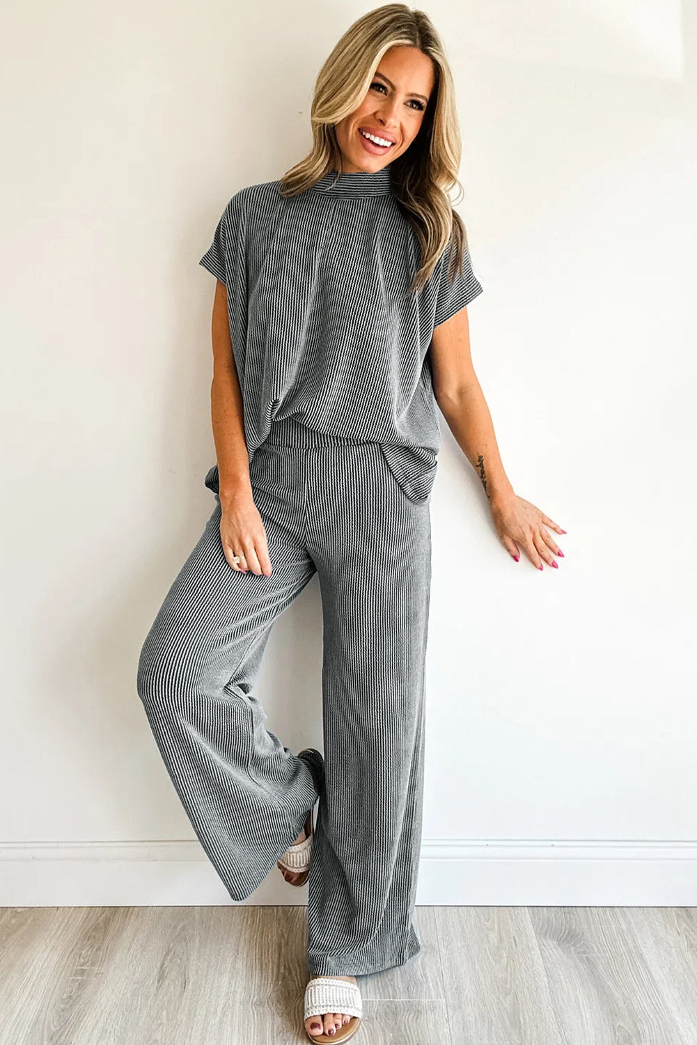 Dark Grey Twisted Ribbed High Neck Tee & Wide Leg Pant Set