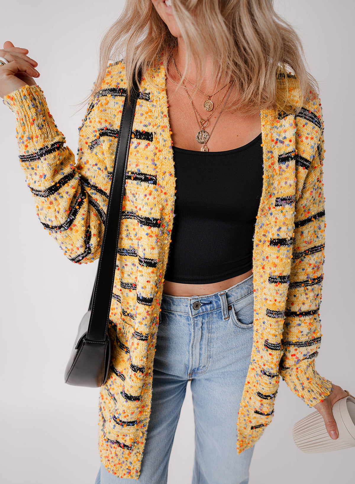 Yellow Striped Pom Pom Knit Open Front Long Cardigan Sweater