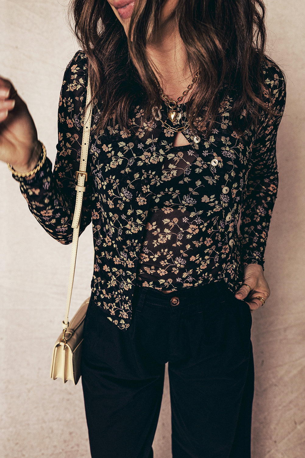 Black Floral Print Mesh Tank Button Front Slim Cardigan 2pcs Set