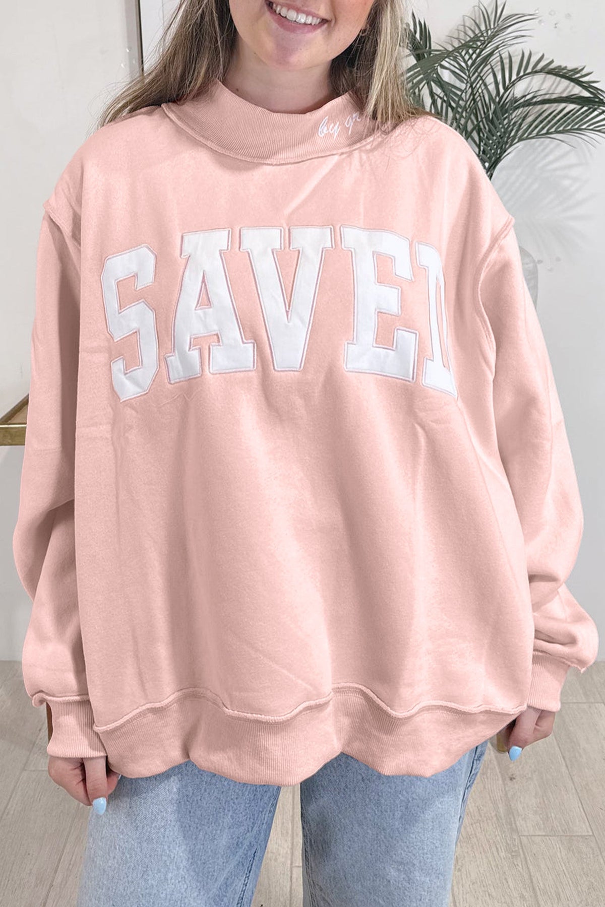 Pink Saved By Grace Embroidered Detail Letter Graphic High Neck Sweatshirt