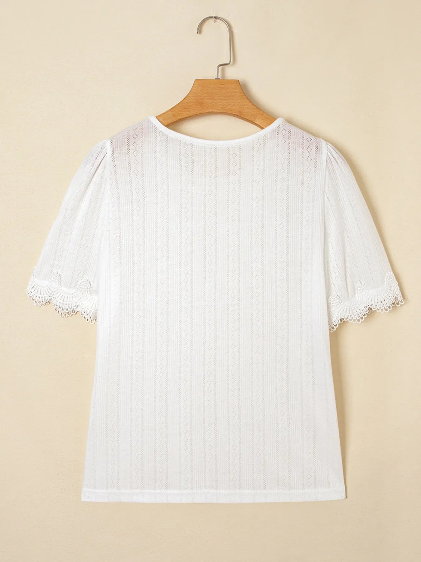 White Scalloped Lace Trim Jacquard Textured Short Sleeve Top - Image 7