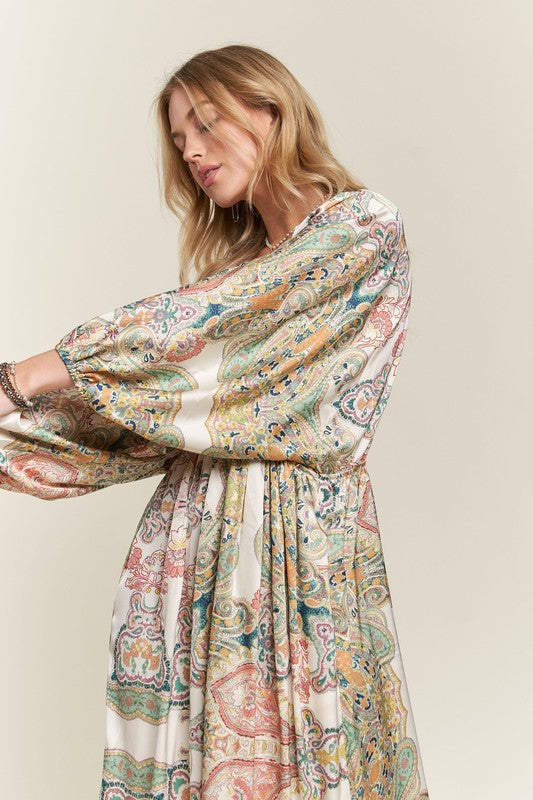 Abstract Print V-Neck Satin Batwing Sleeve Dress for Women