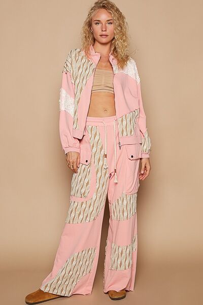 Pink Applique Patchwork Zip-Up Jacket with Artistic Details