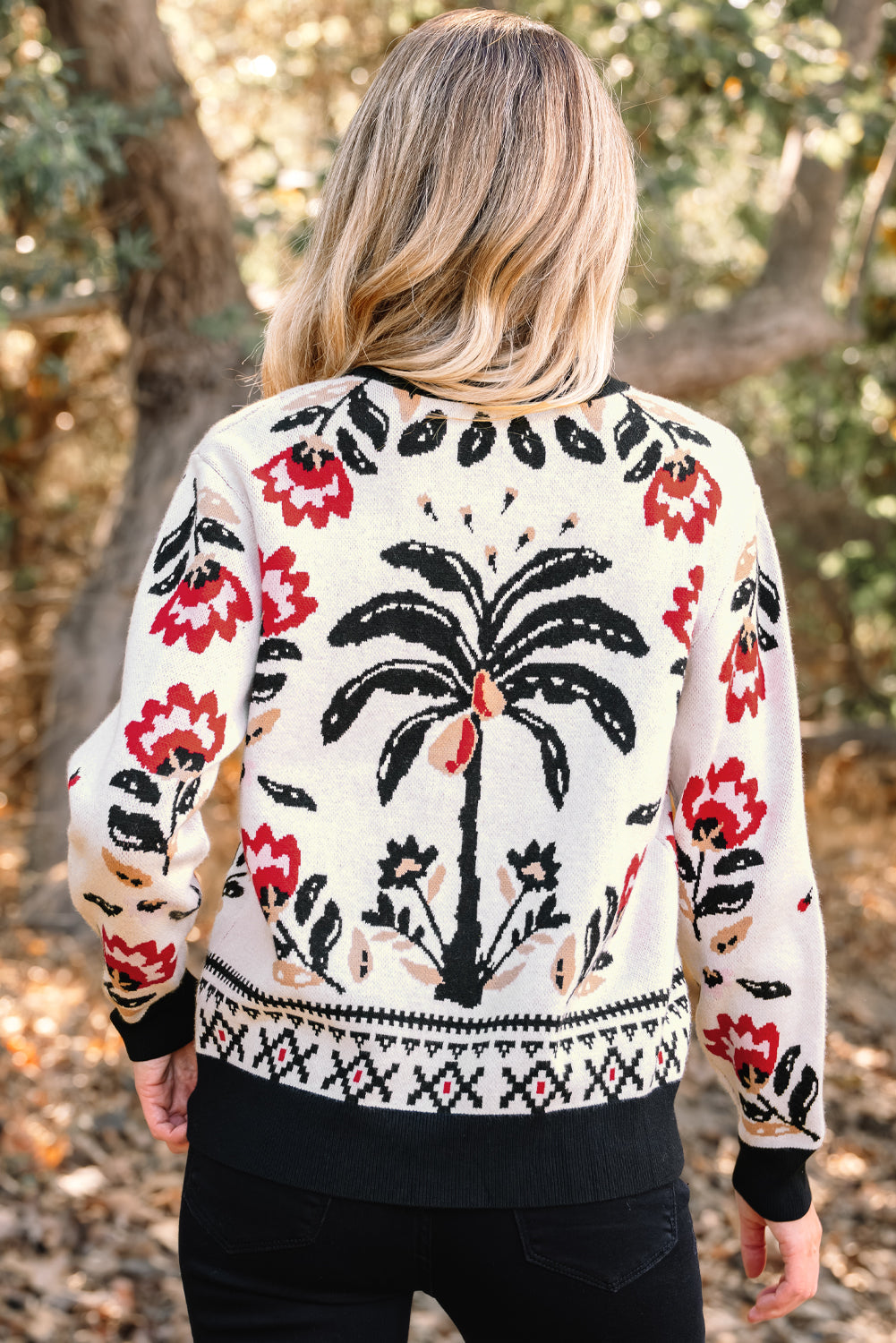 Black Floral Print Buttoned Front V Neck Knit Cardigan