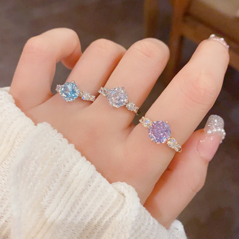 Adjustable Rose Ice-Flower cut cubic zirconia open ring with real gold plating