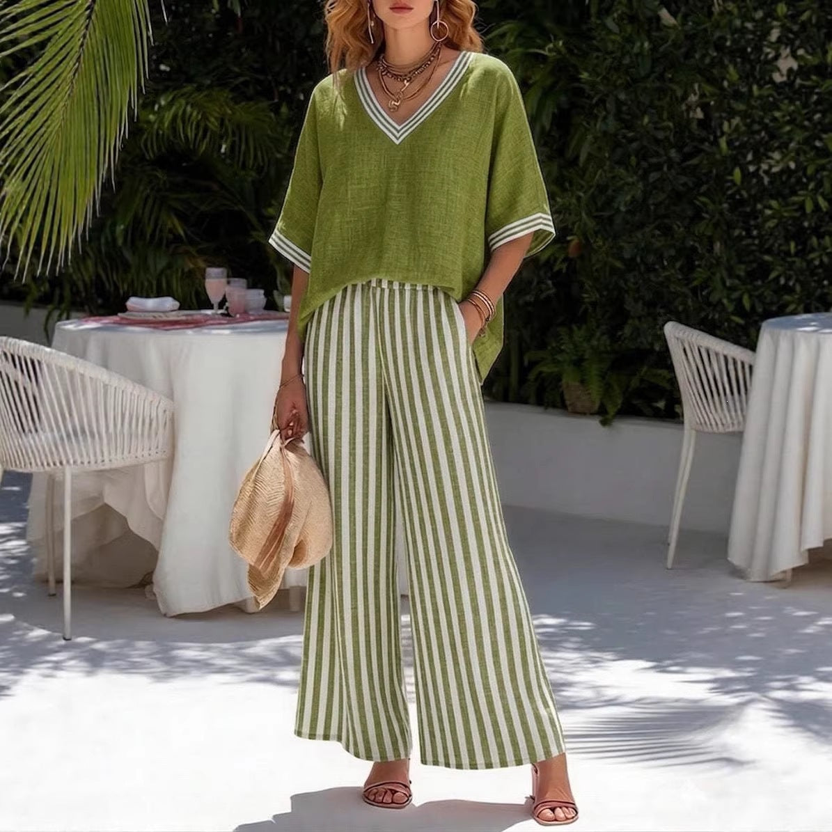 Women V-Neck Tunic Top and Wide Leg Striped Trouser Set - Image 2
