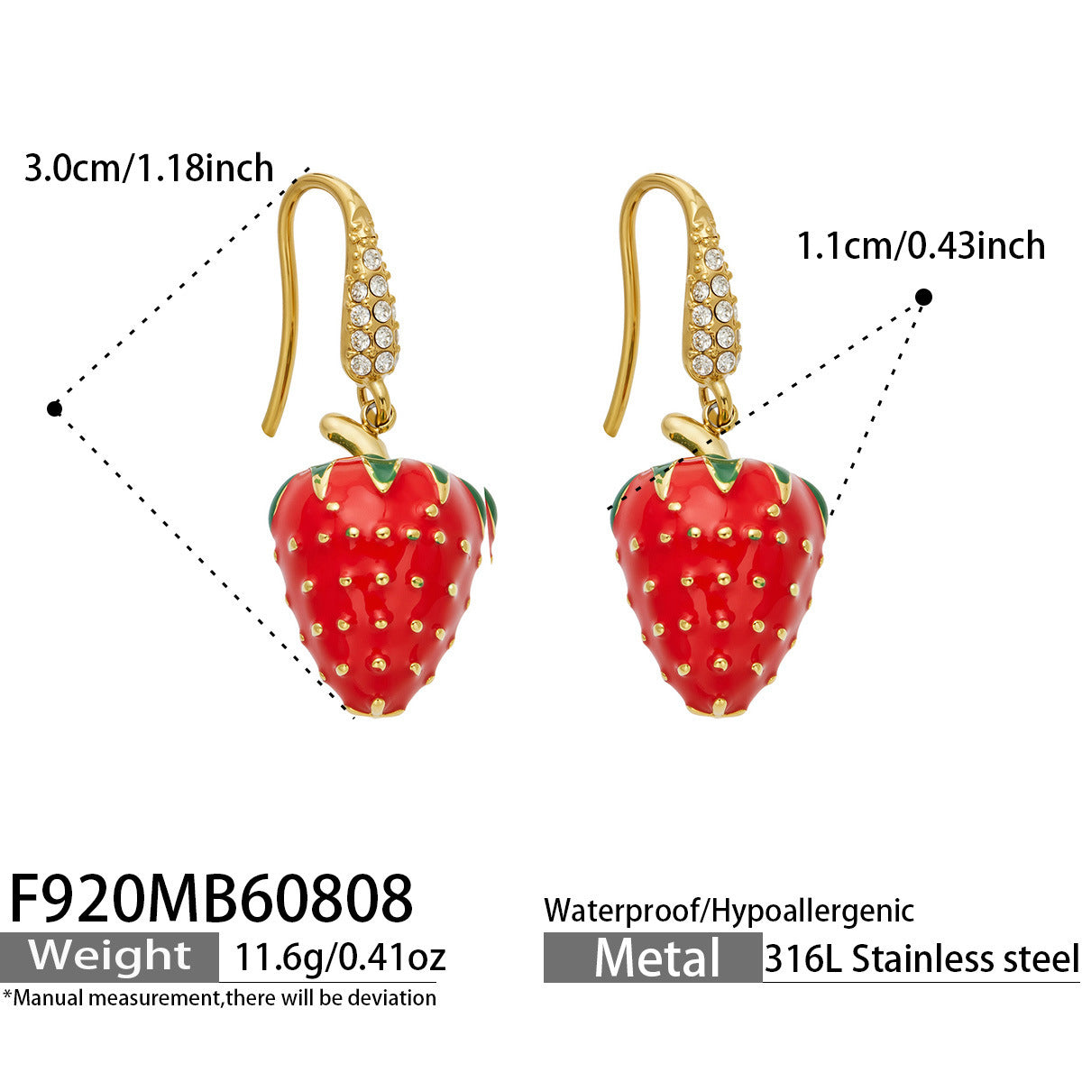 Strawberry Enamel Zircon Inlaid Earrings PVD Gold Plated Titanium Steel Fashion Women Ear Jewelry For Daily Dating Party Occasions