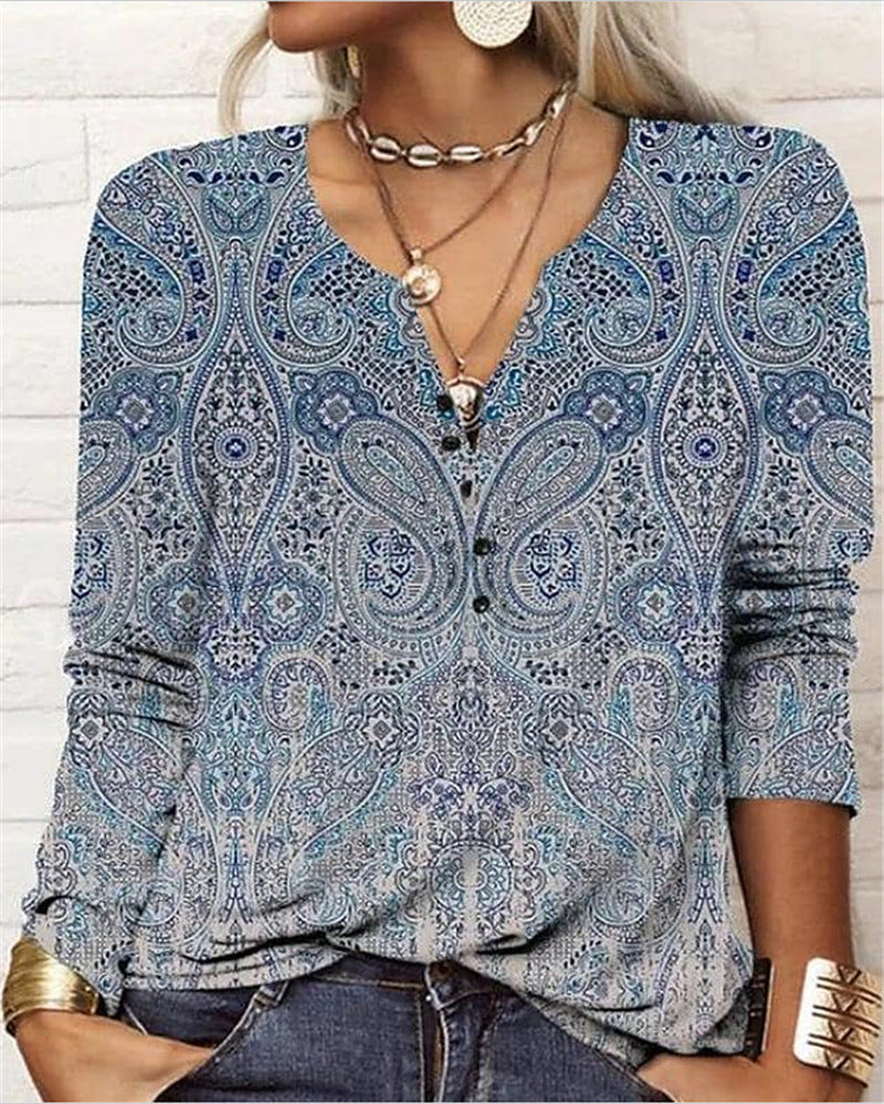 Women's Ethnic Print V-Neck Long Sleeve Henley T-Shirt - Image 3